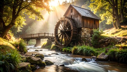 Old Mill House by a River with Water Wheel and Wooden Bridge at Sunset