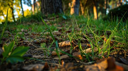 Sunlit Green Grass and Fallen Leaves on Forest Floor