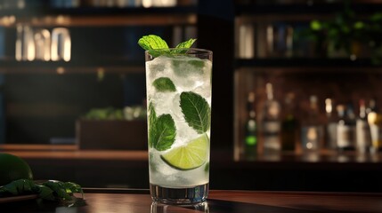 Refreshing mojito cocktail with lime and mint served at a stylish bar
