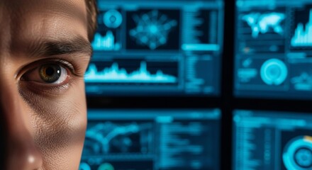Close up of a man's eye focused on multiple screens displaying abstract data visualizations. Data analysis concept.