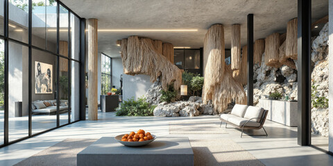 Geomimicry Showcase Former manufacturing space demonstrating geomimetic design principles with architectural elements inspired by geological processes. Living mineral formations and