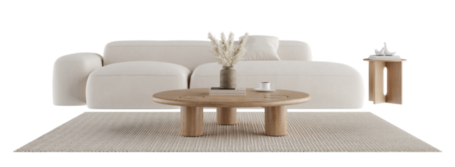 Cozy modern white couch with coffee table and rug, front close-up view, transparent background PNG with realistic shadows