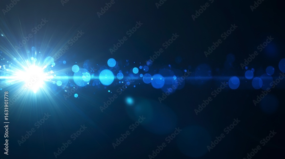 Wall mural blue light flare with bokeh effect on dark background.
