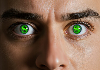 Greedy eyes with dollar pupils, the obsessive fixation on money portrayed with intensity and craving