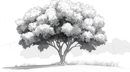 Elegant monochrome drawing of an old oak tree in a simple landscape