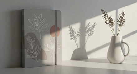 Photo of a notebook in neutral tones on a light background , a vase with ears of corn