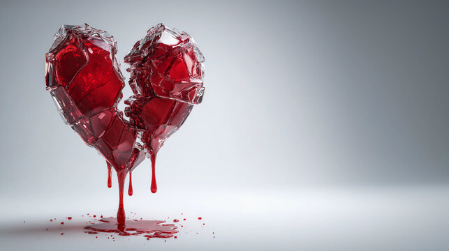 Broken glass red heart with red liquid dripping from it on light grey background. Love, breakup and emotional trauma concept. 3D illustration for banner, card with copy space