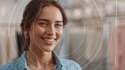 A young woman engages with advanced technology, undergoing a personal screening in a contemporary environment. The setting features a stylish backdrop, highlighting innovation.