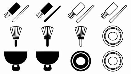 Illustration showing matcha tea preparation tools including whisk, bowl, scoop, and container in black and white silhouette
