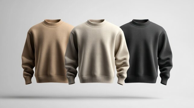 Minimalist studio shot showcases textured sweatshirts in earthy neutrals