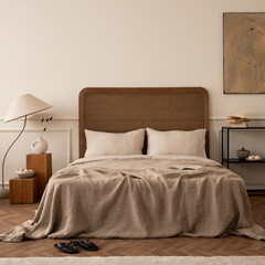 Warm bedroom interior with mock up poster frame, cozy bed, beige bedding, stylish lamp, round box, black rack, wall with stucco, rattan armchair and personal accessories. Home decor. Template.