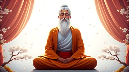 A serene enlightened guru meditating peacefully amidst divine light and blooming blossoms
