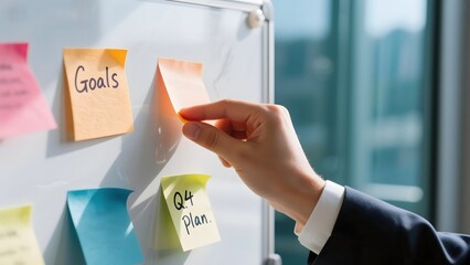 Business planning strategy meeting goals and q4 plan on sticky notes board