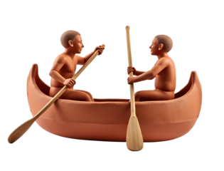 Two figures paddling clay boat isolated on a transparent background oars
