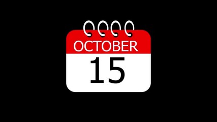 day date 15 October concept template calendar page animation concept. Calendar with the date October 15 on a black background. October 15 - Daily Calendar Icon in flat design style.