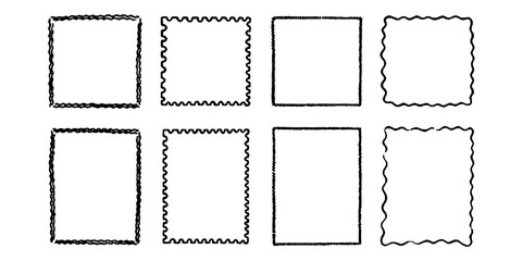 Hand drawn ink vintage frames. Stamp or letter mark inspired frames for greeting cards, wedding and birthday party, picnic invitations. Minimalist coquette vector borders. Sketch art line.