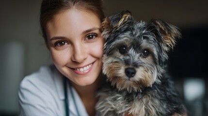 Woman caring for her pet dog affectionately