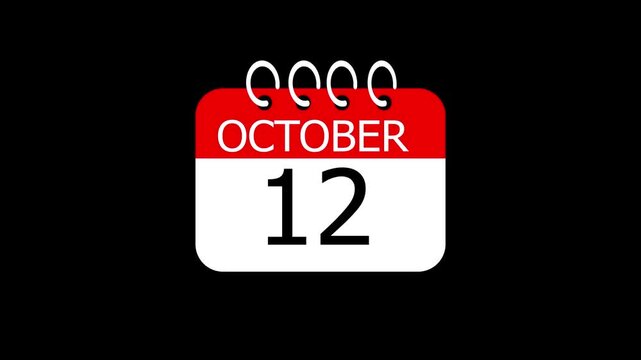 day date 12 October concept template calendar page animation concept. Calendar with the date October 12 on a black background. October 12 - Daily Calendar Icon in flat design style.