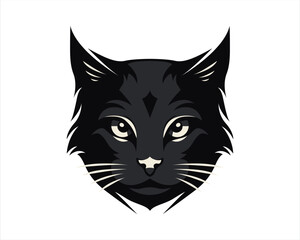Close-up stylized illustration of a black cat's head, featuring detailed fur and intense gaze.