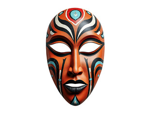 Tribal clay mask with orange black white blue paint isolated on a transparent background image