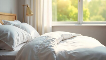 Crisp, bright white linens on a bed, sunlight streaming through a window, creating a fresh and airy ambiance Perfect for representing cleanliness, serenity, and a luxurious, fine feel , fresh, modern