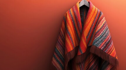 Warmth and Style, A Colorful Striped Shawl on a Wooden Hanger