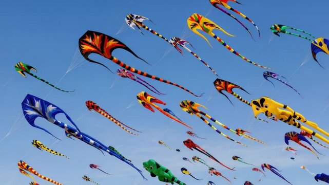 Festive kites dance gracefully against a serene sky, crafting an animated burst of color and