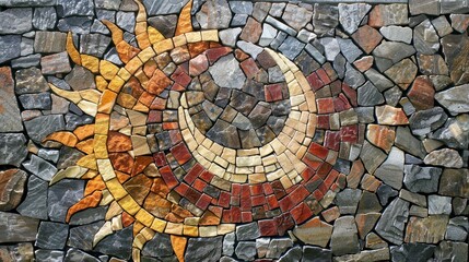 Fototapeta premium Spectacular stone wall mosaic with sun and crescent moon pattern, unique artistic design