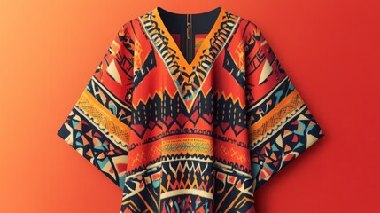 Vibrant poncho with geometric patterns showcased against warm orange background