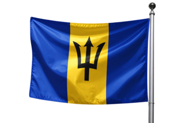 Barbados Flag on Flagpole with Trident Emblem and Wind Flow – Transparent Background