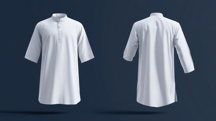 Elegant Front and Back View of a White Thobe on Dark Blue Backdrop