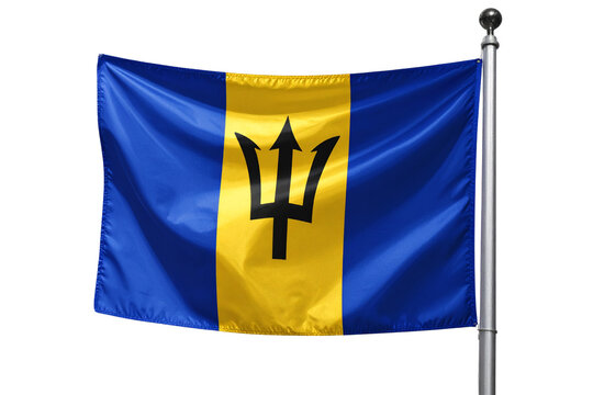 Barbados Flag on Flagpole with Trident Emblem and Wind Flow – Transparent Background - Powered by Adobe