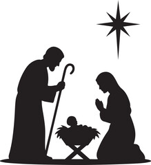 Nativity scene silhouette with star isolated on white background