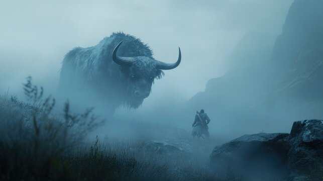 Mystical encounter with a formidable yak in a foggy mountainous landscape
