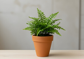 Green fern plant in terracotta pot indoor still life