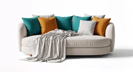 Modern Beige Curved Sofa with Colorful Pillows and Throw Blanket