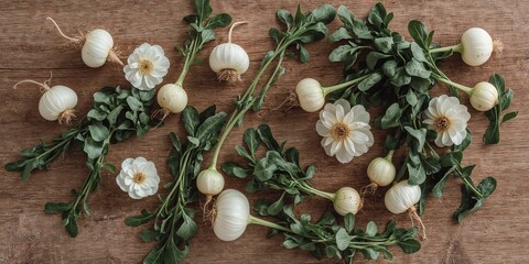Overhead shot of white turnips with green leaves and white flowers on a wooden surface flat lay