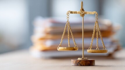 Golden Balance Scale With Blurred Documents In Background. Symbol Of Justice And Legal System