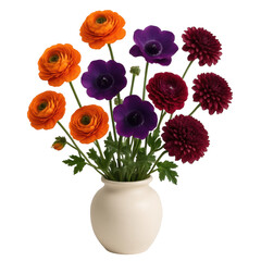 Obraz premium Vibrant Orange Purple Red Flowers Vase Arrangement ranunculus