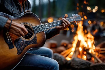 Guitar music creates a warm atmosphere around the campfire in a serene forest setting