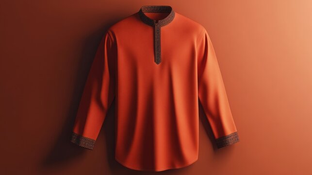 Elegant orange tunic with subtle geometric trim on a solid backdrop