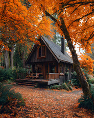Cozy Wooden Cabin Surrounded by Orange Maple Trees