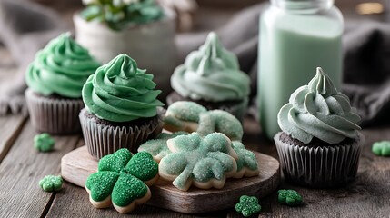 Delightful St. Patrick's Day treats on a rustic wooden table, featuring festive green cupcakes and shamrock-shaped cookies.