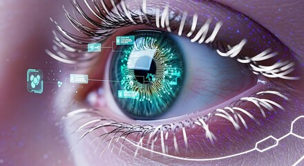 Macro close-up of a human eye with digital circuit patterns and augmented reality interface elements.