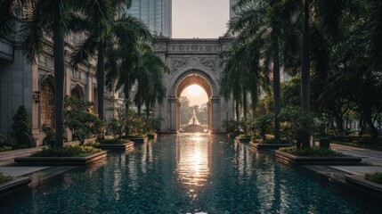 Naklejka premium Architectural splendor and serene reflection at dawn in Kuala Lumpur