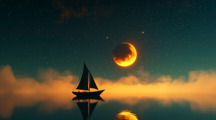 Sailboat drifts silently on calm waters under starry sky, illuminated by glowing crescent moon. serene atmosphere evokes sense of tranquility and wonder