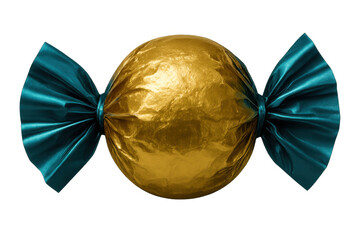 Golden wrapped candy with teal ribbons, floating on transparent surface, representing festive confectionery design