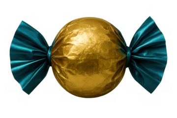 Golden wrapped candy with teal ribbons, floating on transparent surface, representing festive confectionery design
