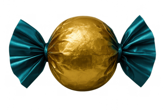 Golden wrapped candy with teal ribbons, floating on transparent surface, representing festive confectionery design