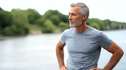 Elderly athlete exudes pride by the riverside post-run. - Powered by Adobe